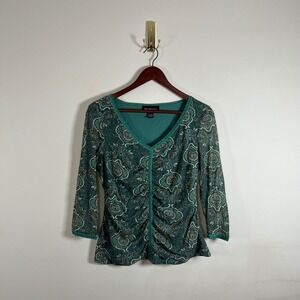 Vintage Y2K INC International Concepts Womens Top Ruched 3/4 Sleeves Paisley Lg